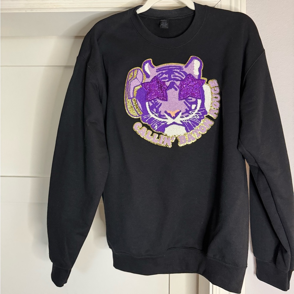Gildan Black Crewneck with Purple & Gold Tiger Patch